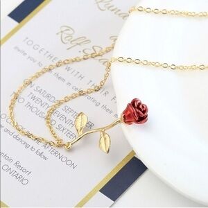 Gold Rose Stem Pendant Necklace 18K Gold Plated Red Enamel Floral NWT